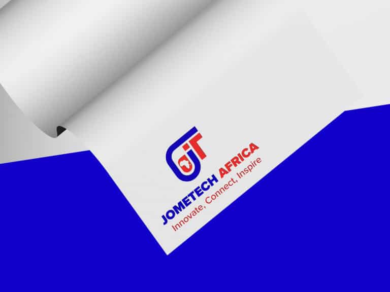 Blue and white JomeTech stationery design mock-up